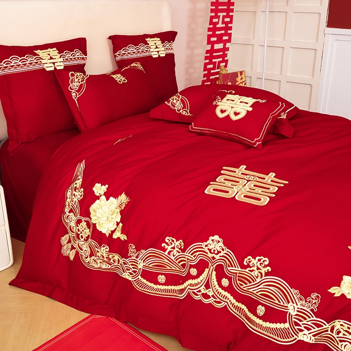 91家纺网 家纺一手货源 找家纺 梵克保罗 2025秋冬新款全棉绣花婚庆四件套六件套靠垫 棉吉祥如意