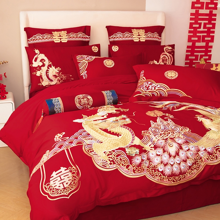 91家纺网 家纺一手货源 找家纺 梵克保罗 2025秋冬新款全棉绣花婚庆四件套六件套靠垫 棉幸福龙凤