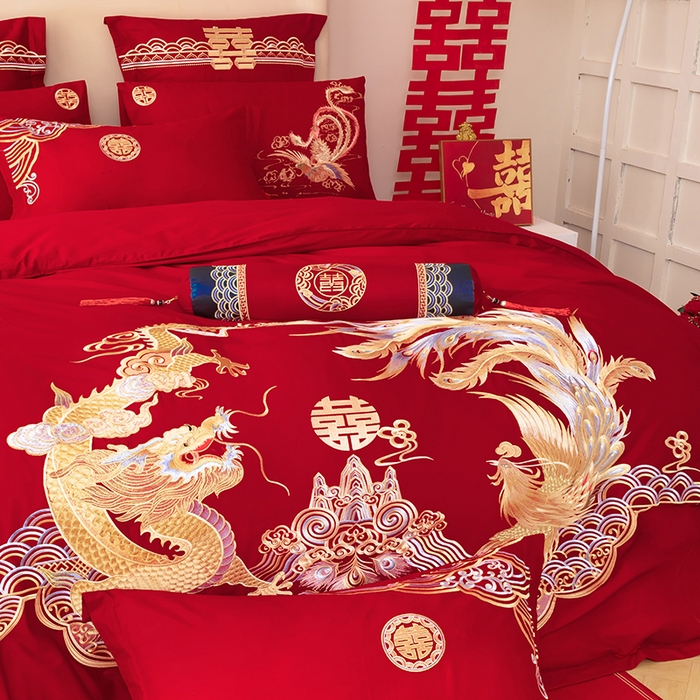 91家纺网 家纺一手货源 找家纺 梵克保罗 2025秋冬新款全棉绣花婚庆四件套六件套靠垫 棉幸福龙凤