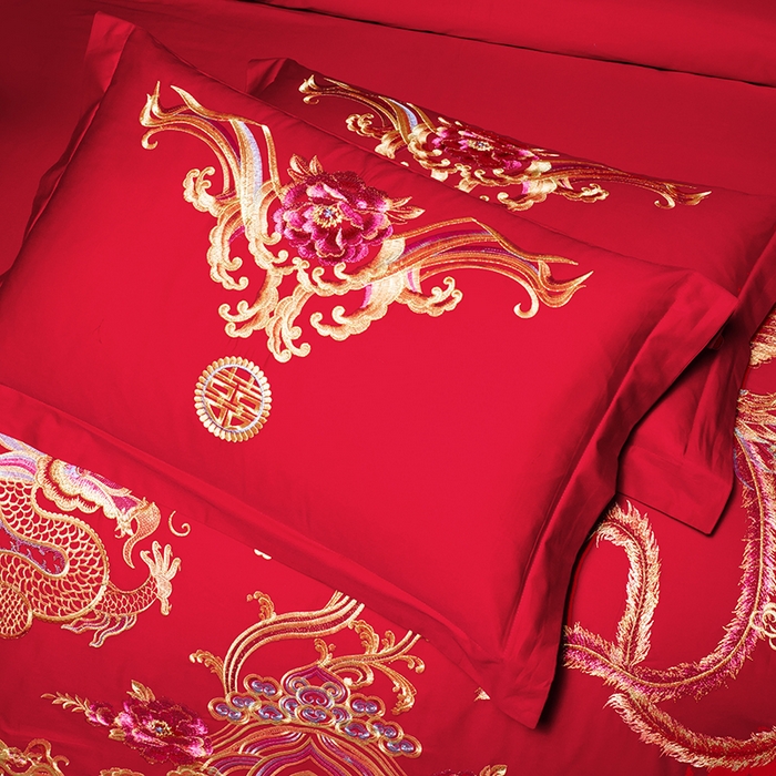 91家纺网 家纺一手货源 找家纺 梵克保罗 2025秋冬新款全棉绣花婚庆四件套六件套靠垫 棉盘龙绣凤