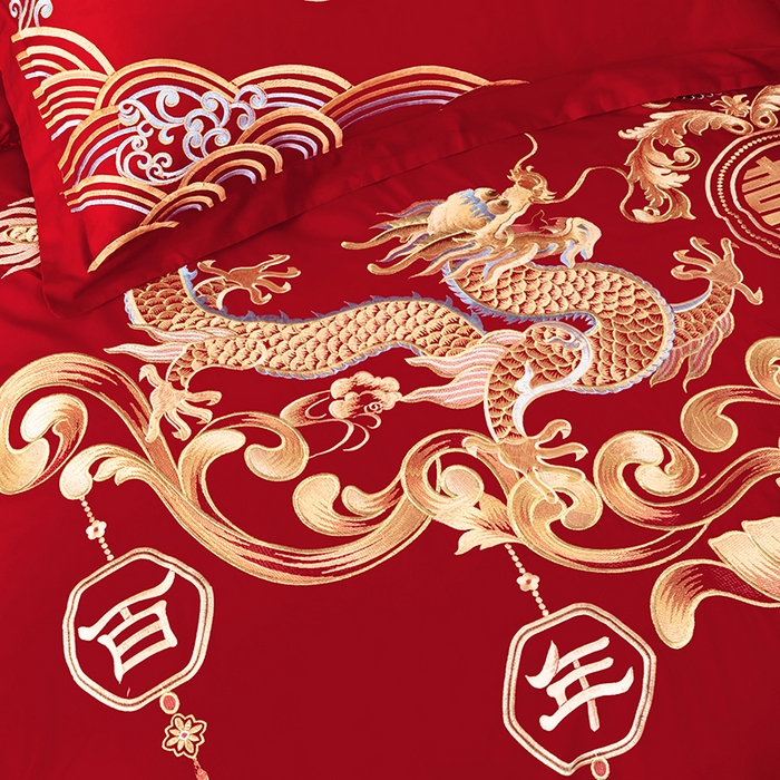 91家纺网 家纺一手货源 找家纺 梵克保罗 2025秋冬新款全棉绣花婚庆四件套六件套靠垫 棉龙凤百年好合