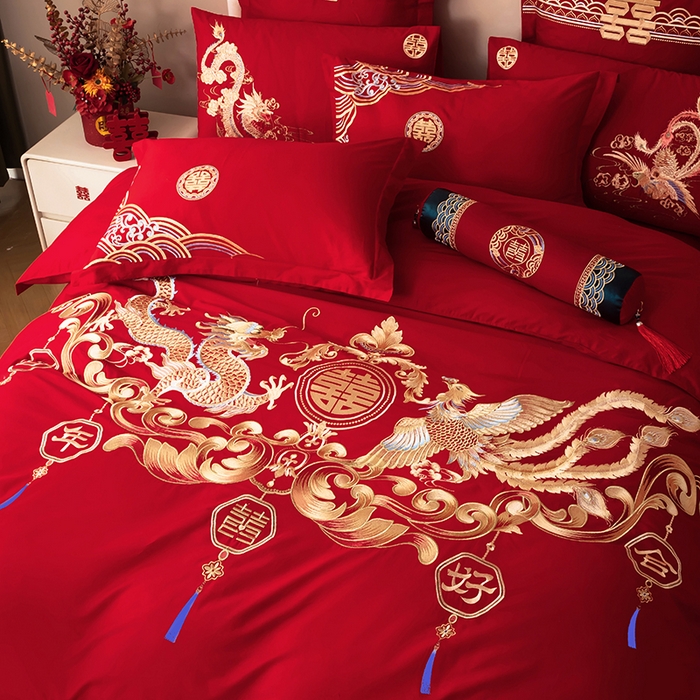 91家纺网 家纺一手货源 找家纺 梵克保罗 2025秋冬新款全棉绣花婚庆四件套六件套靠垫 棉龙凤百年好合