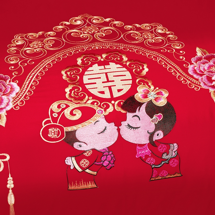 91家纺网 家纺一手货源 找家纺 梵克保罗 2025秋冬新款全棉绣花婚庆四件套六件套靠垫 棉美满婚姻