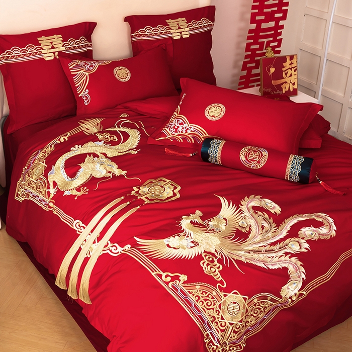 91家纺网 家纺一手货源 找家纺 梵克保罗 2025秋冬新款全棉绣花婚庆四件套六件套靠垫 棉比翼双飞