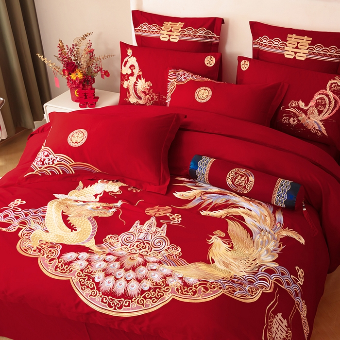 91家纺网 家纺一手货源 找家纺 梵克保罗 2025秋冬新款全棉绣花婚庆四件套六件套靠垫 棉幸福龙凤