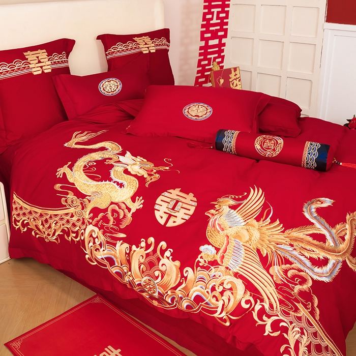 91家纺网 家纺一手货源 找家纺 梵克保罗 2025秋冬新款全棉绣花婚庆四件套六件套靠垫 棉龙凤呈祥