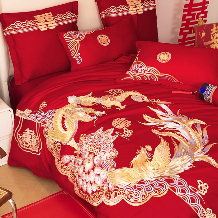 91家纺网 家纺一手货源 找家纺 梵克保罗 2025秋冬新款全棉绣花婚庆四件套六件套靠垫 棉幸福龙凤