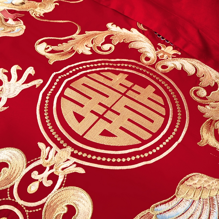 91家纺网 家纺一手货源 找家纺 梵克保罗 2025秋冬新款全棉绣花婚庆四件套六件套靠垫 棉龙凤百年好合