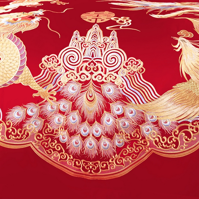 91家纺网 家纺一手货源 找家纺 梵克保罗 2025秋冬新款全棉绣花婚庆四件套六件套靠垫 棉幸福龙凤