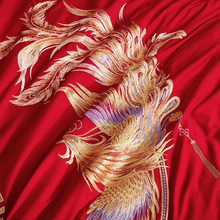 91家纺网 家纺一手货源 找家纺 梵克保罗 2025秋冬新款全棉绣花婚庆四件套六件套靠垫 棉龙凤千禧