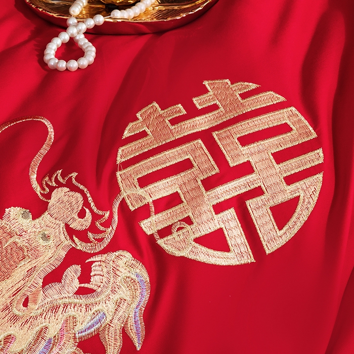 91家纺网 家纺一手货源 找家纺 梵克保罗 2025秋冬新款全棉绣花婚庆四件套六件套靠垫 棉龙凤千禧