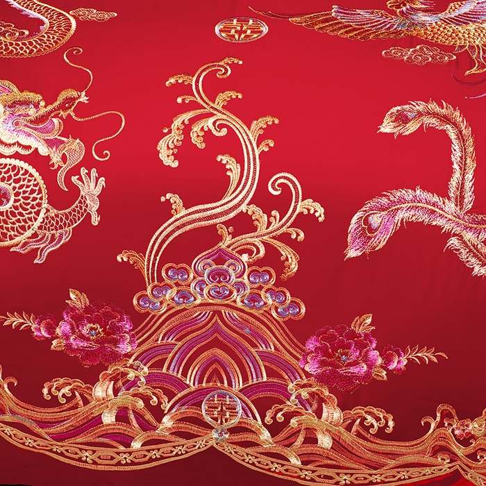 91家纺网 家纺一手货源 找家纺 梵克保罗 2025秋冬新款全棉绣花婚庆四件套六件套靠垫 棉盘龙绣凤