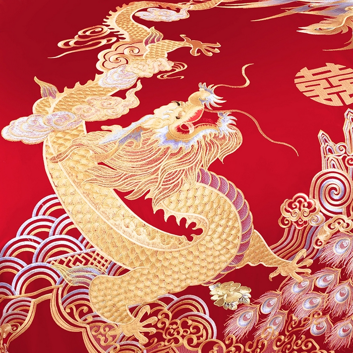 91家纺网 家纺一手货源 找家纺 梵克保罗 2025秋冬新款全棉绣花婚庆四件套六件套靠垫 棉幸福龙凤