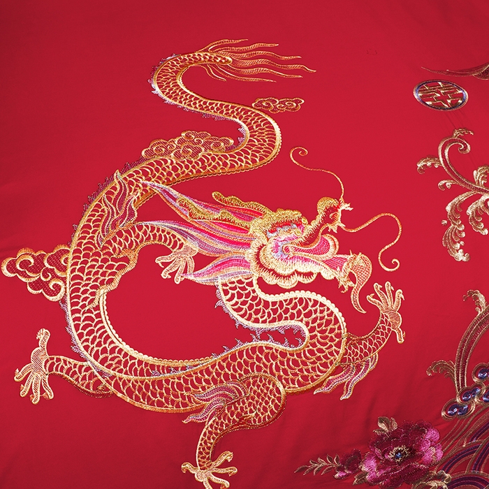 91家纺网 家纺一手货源 找家纺 梵克保罗 2025秋冬新款全棉绣花婚庆四件套六件套靠垫 棉盘龙绣凤