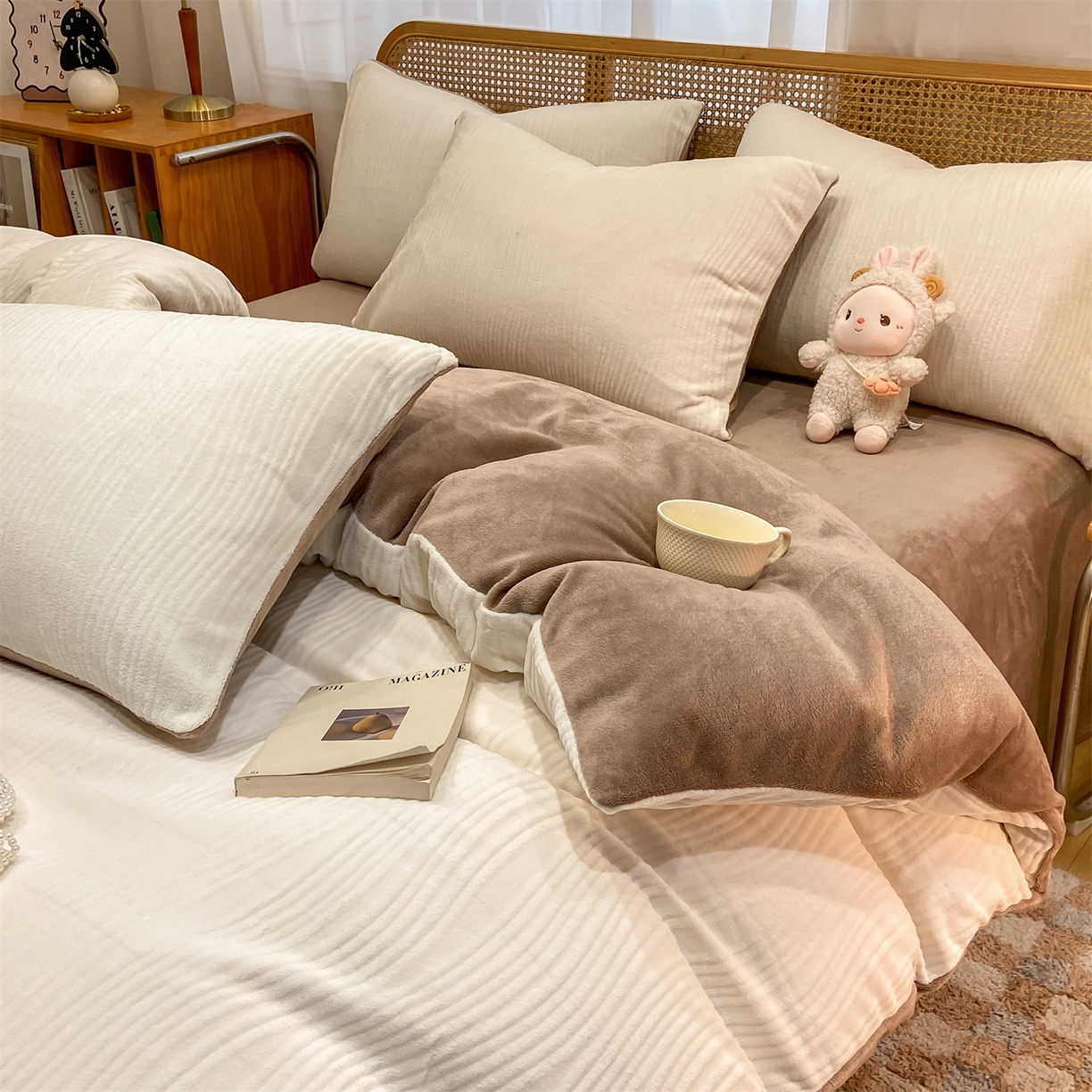 91家纺网 家纺一手货源 找家纺 灰鲸 2025新款高克重牛奶绒雕花简约纯色四件套 温妮-奶昔白+摩卡