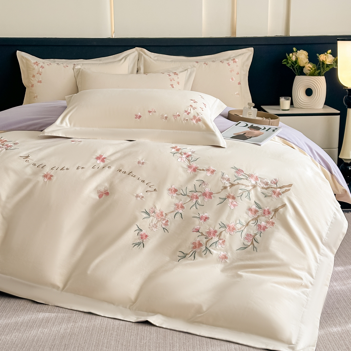 91家纺网 家纺一手货源 找家纺 桃园 秋冬新款纯棉全棉长绒棉磨毛不掉毛高端礼盒四件套-繁花似锦（包含买家秀） 繁花似锦-白紫