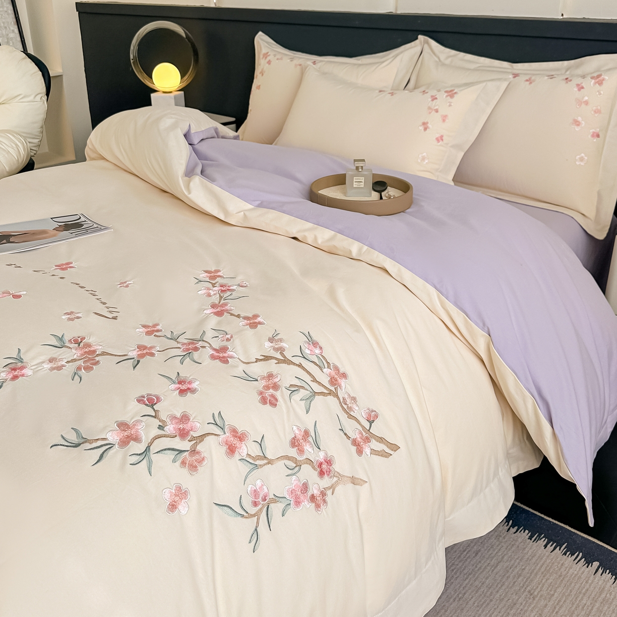 91家纺网 家纺一手货源 找家纺 桃园 秋冬新款纯棉全棉长绒棉磨毛不掉毛高端礼盒四件套-繁花似锦（包含买家秀） 繁花似锦-白紫