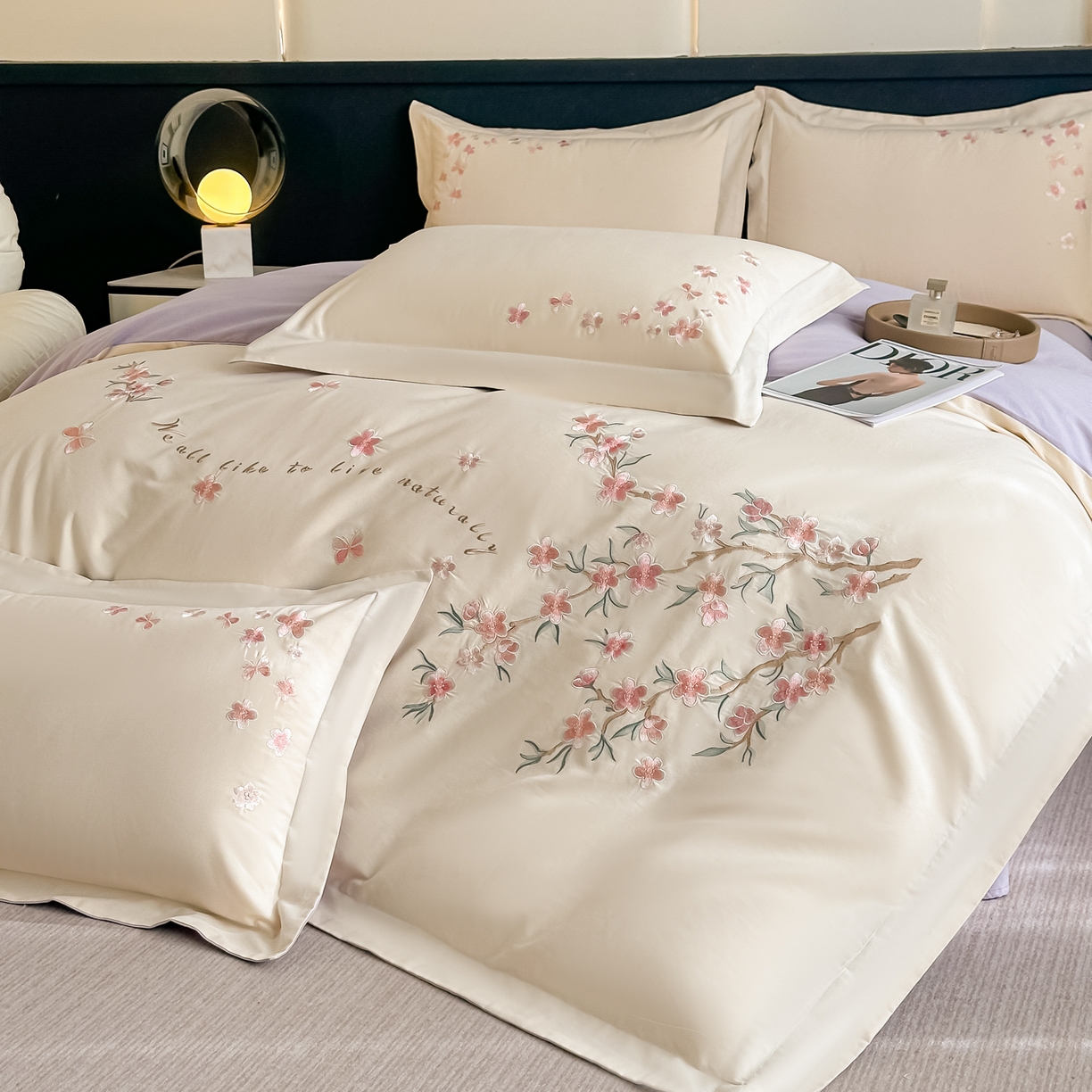 91家纺网 家纺一手货源 找家纺 桃园 秋冬新款纯棉全棉长绒棉磨毛不掉毛高端礼盒四件套-繁花似锦（包含买家秀） 繁花似锦-白紫