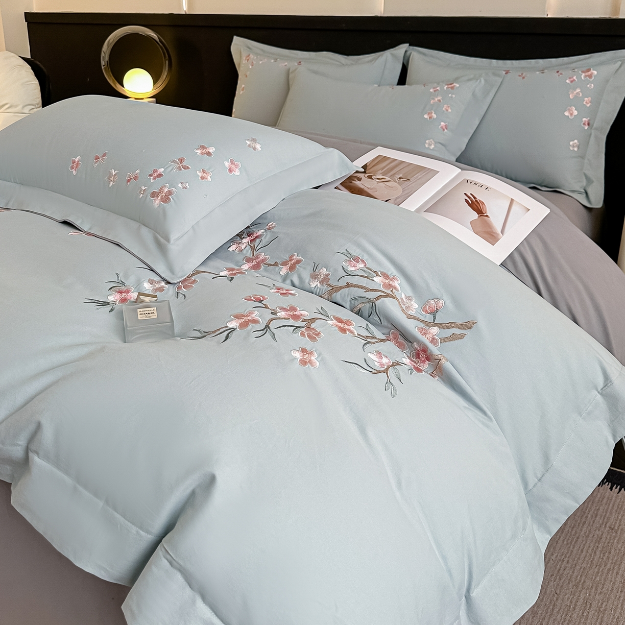 91家纺网 家纺一手货源 找家纺 桃园 秋冬新款纯棉全棉长绒棉磨毛不掉毛高端礼盒四件套-繁花似锦（包含买家秀） 繁花似锦-飘蓝