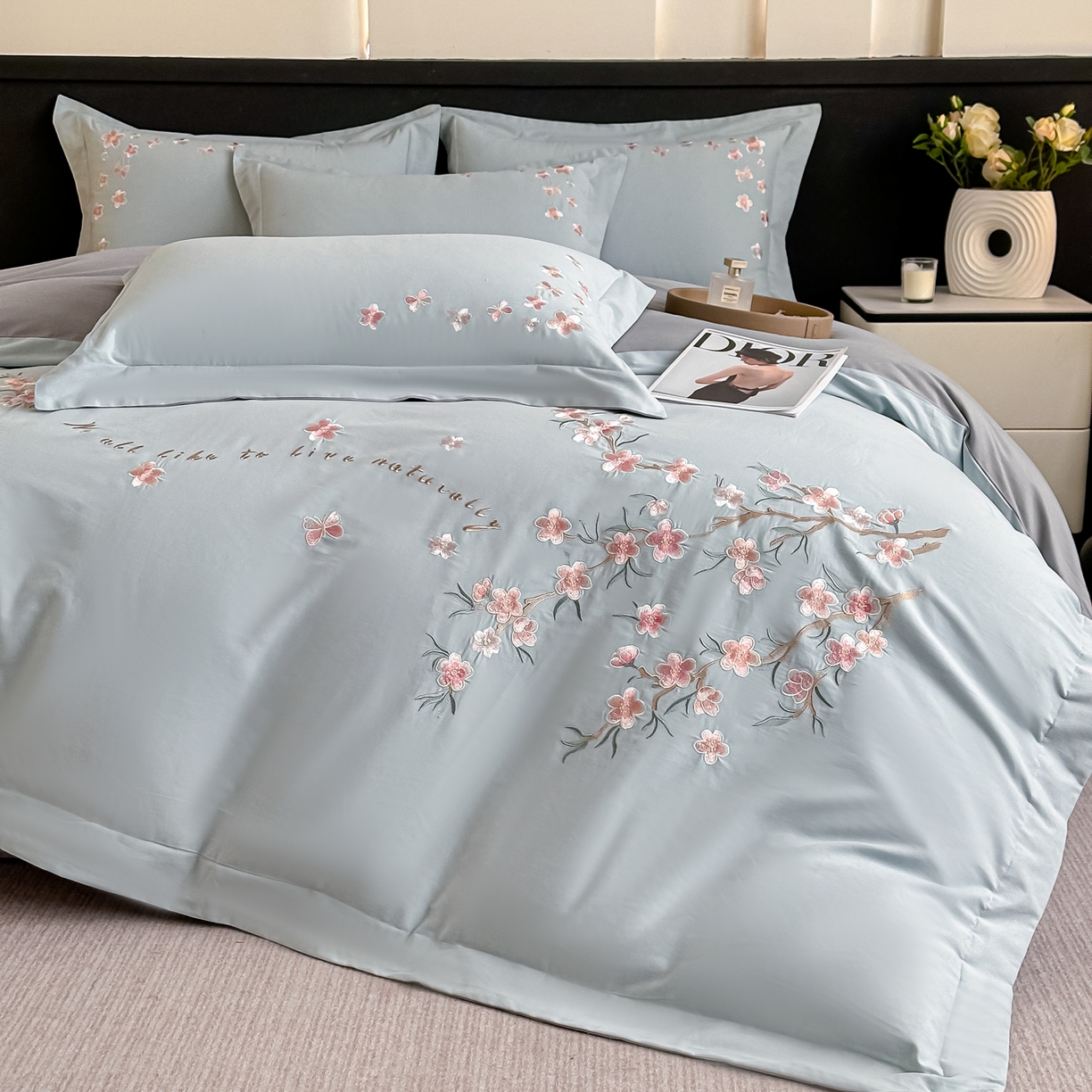 91家纺网 家纺一手货源 找家纺 桃园 秋冬新款纯棉全棉长绒棉磨毛不掉毛高端礼盒四件套-繁花似锦（包含买家秀） 繁花似锦-飘蓝