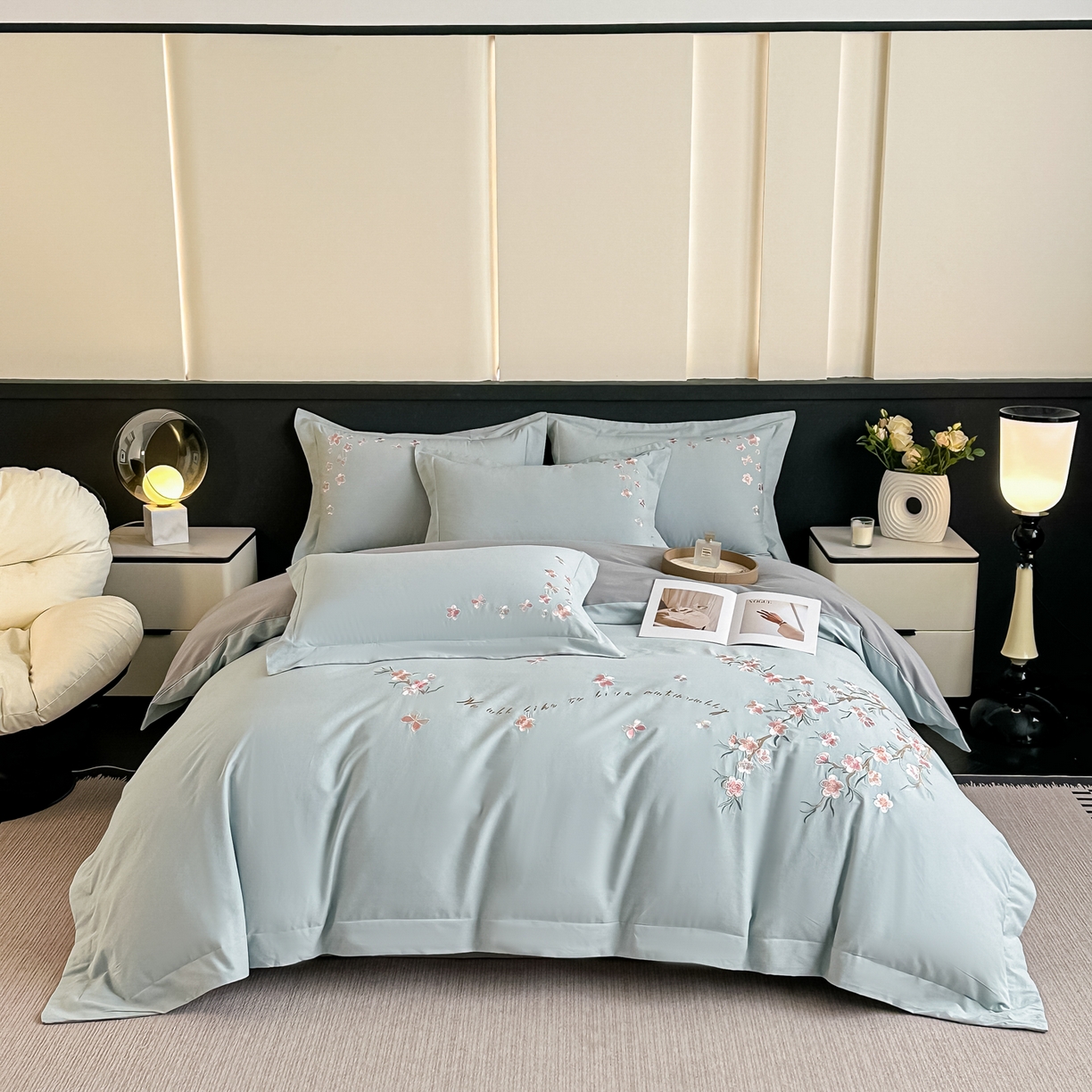 91家纺网 家纺一手货源 找家纺 桃园 秋冬新款纯棉全棉长绒棉磨毛不掉毛高端礼盒四件套-繁花似锦（包含买家秀） 繁花似锦-飘蓝