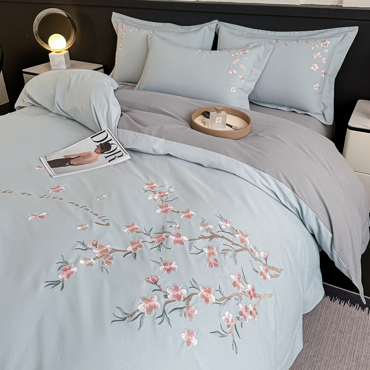 91家纺网 家纺一手货源 找家纺 桃园 秋冬新款纯棉全棉长绒棉磨毛不掉毛高端礼盒四件套-繁花似锦（包含买家秀） 繁花似锦-飘蓝