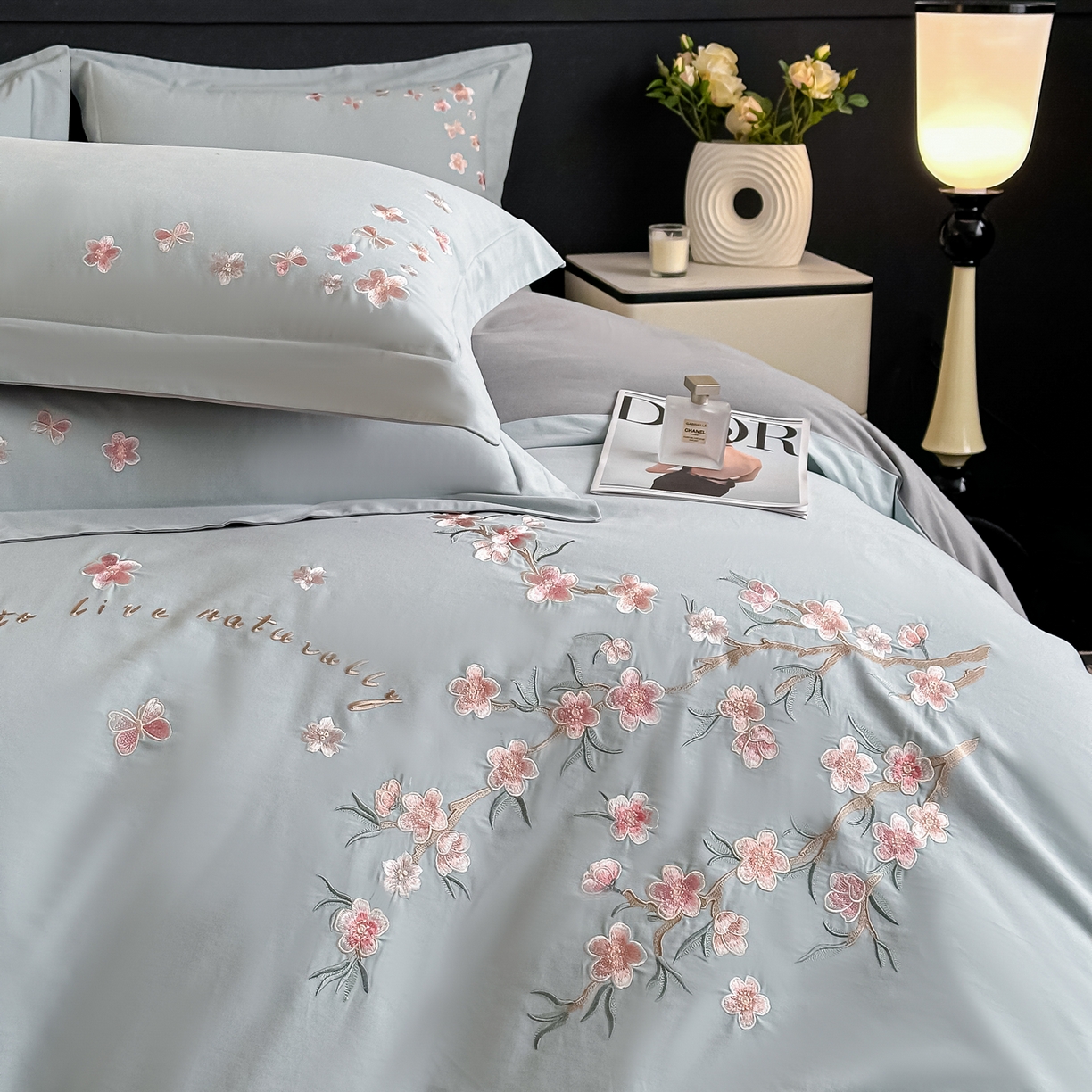 91家纺网 家纺一手货源 找家纺 桃园 秋冬新款纯棉全棉长绒棉磨毛不掉毛高端礼盒四件套-繁花似锦（包含买家秀） 繁花似锦-飘蓝