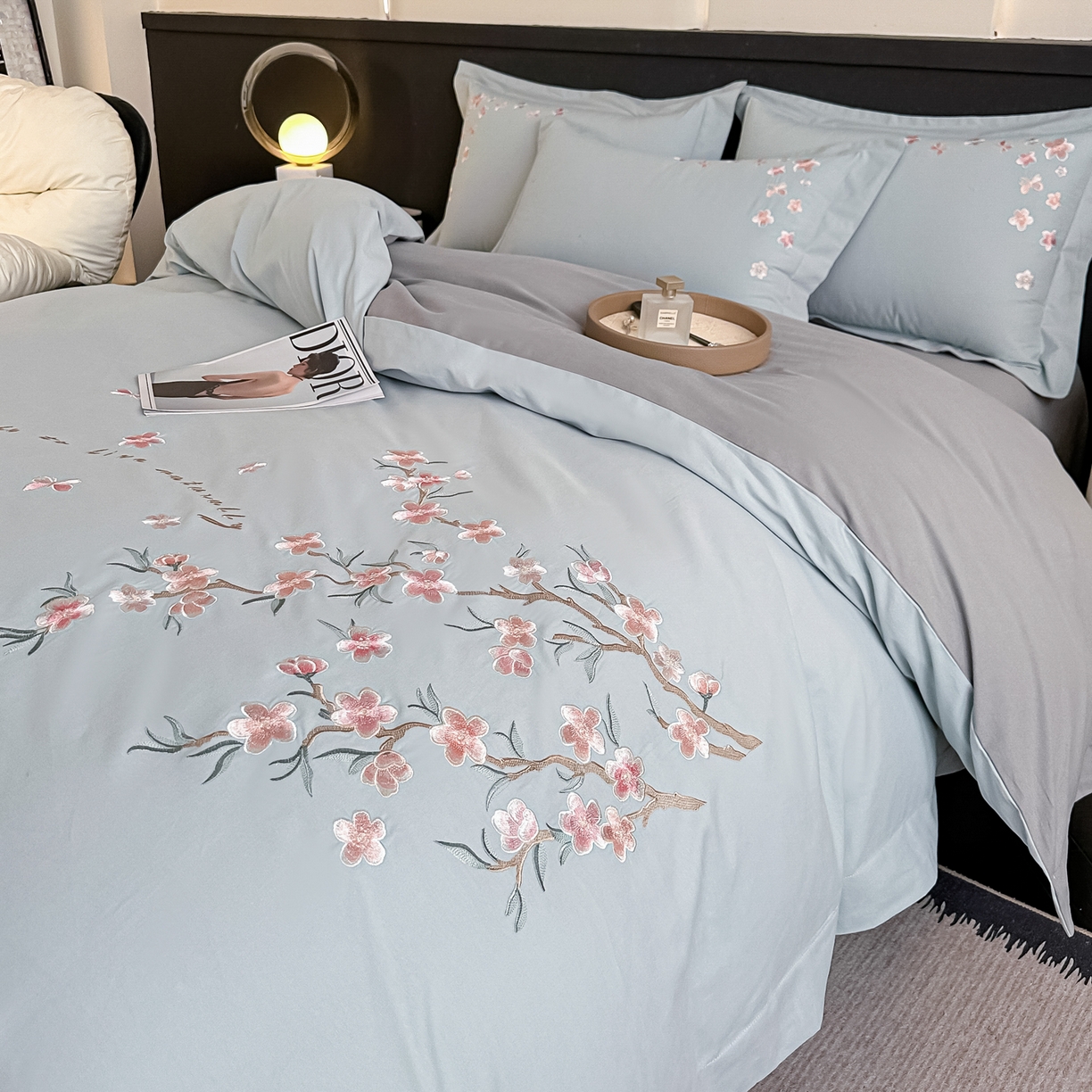 91家纺网 家纺一手货源 找家纺 桃园 秋冬新款纯棉全棉长绒棉磨毛不掉毛高端礼盒四件套-繁花似锦（包含买家秀） 繁花似锦-飘蓝