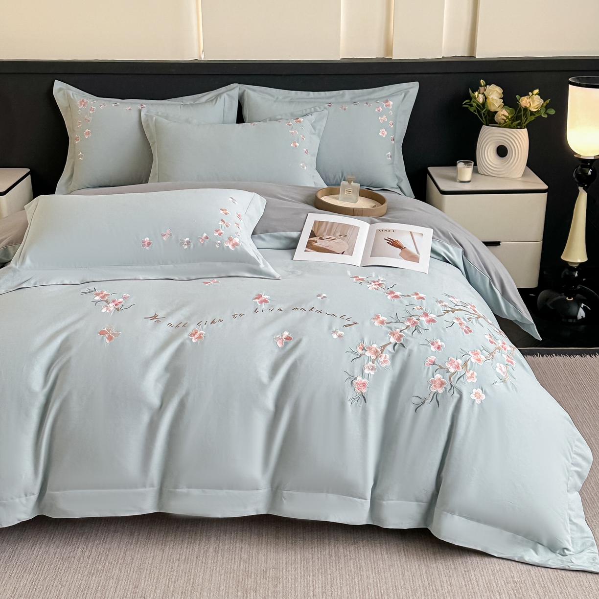 91家纺网 家纺一手货源 找家纺 桃园 秋冬新款纯棉全棉长绒棉磨毛不掉毛高端礼盒四件套-繁花似锦（包含买家秀） 繁花似锦-飘蓝