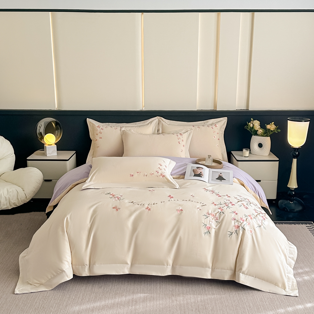 91家纺网 家纺一手货源 找家纺 桃园 秋冬新款纯棉全棉长绒棉磨毛不掉毛高端礼盒四件套-繁花似锦（包含买家秀） 繁花似锦-白紫