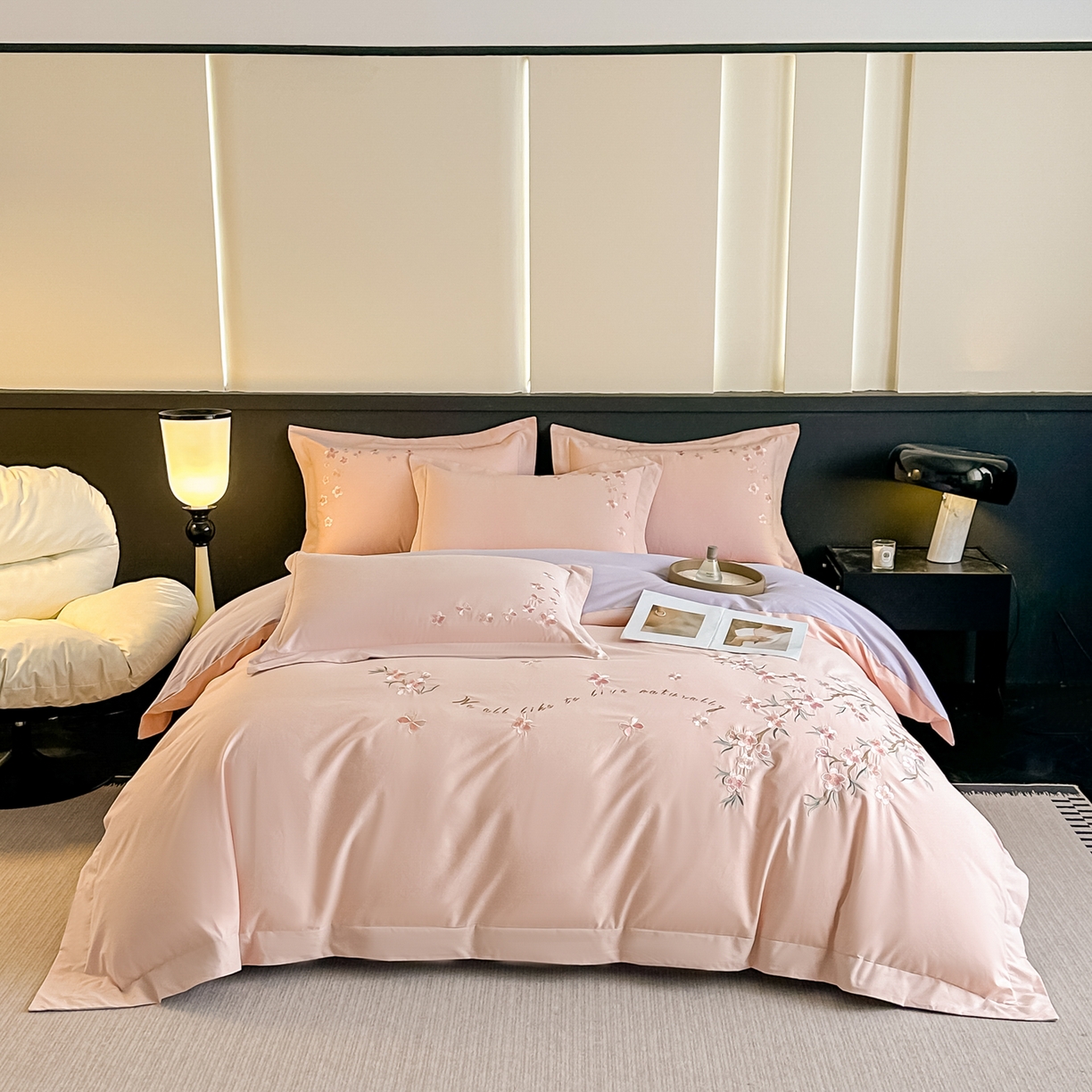 91家纺网 家纺一手货源 找家纺 桃园 秋冬新款纯棉全棉长绒棉磨毛不掉毛高端礼盒四件套-繁花似锦（包含买家秀） 繁花似锦-粉紫