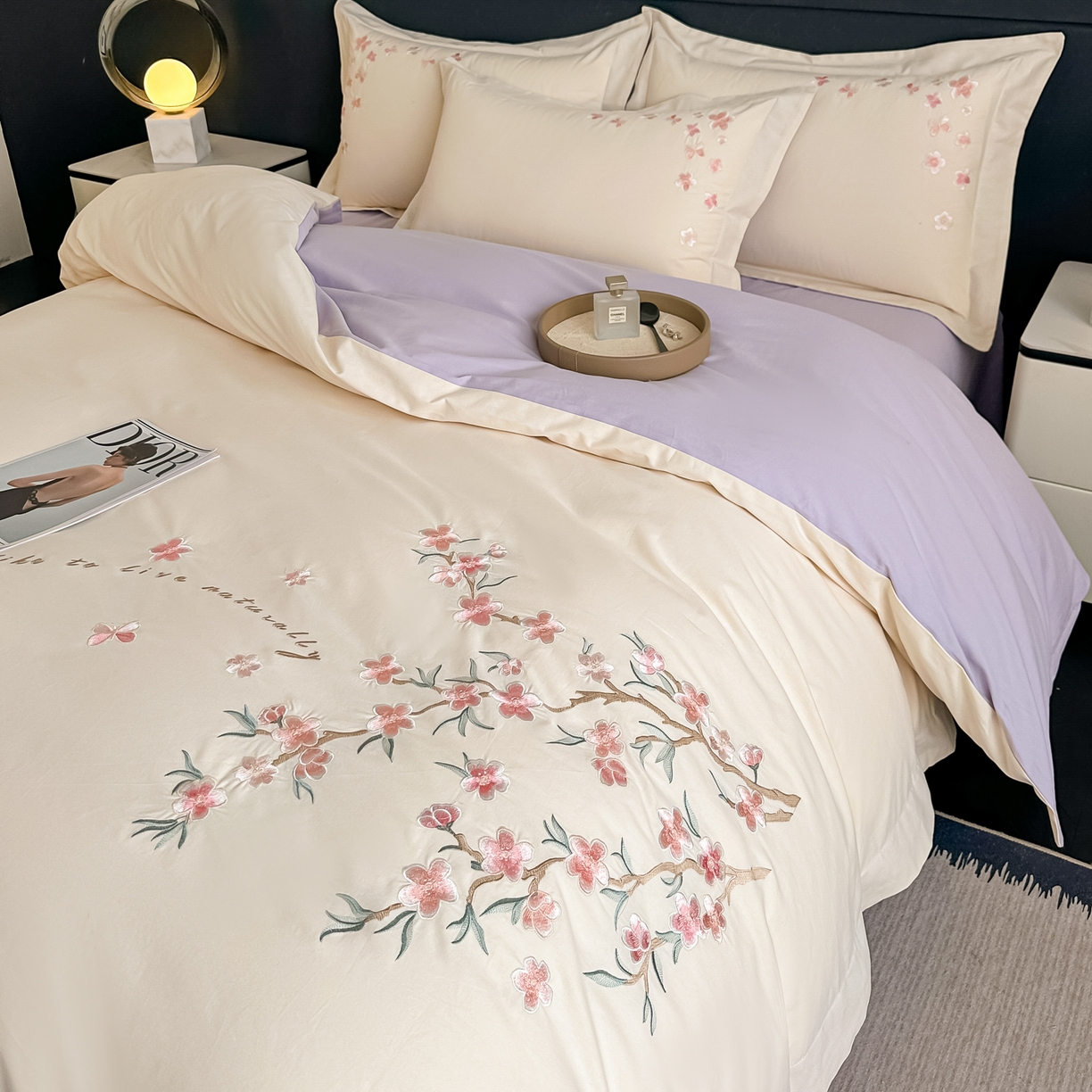 91家纺网 家纺一手货源 找家纺 桃园 秋冬新款纯棉全棉长绒棉磨毛不掉毛高端礼盒四件套-繁花似锦（包含买家秀） 繁花似锦-白紫