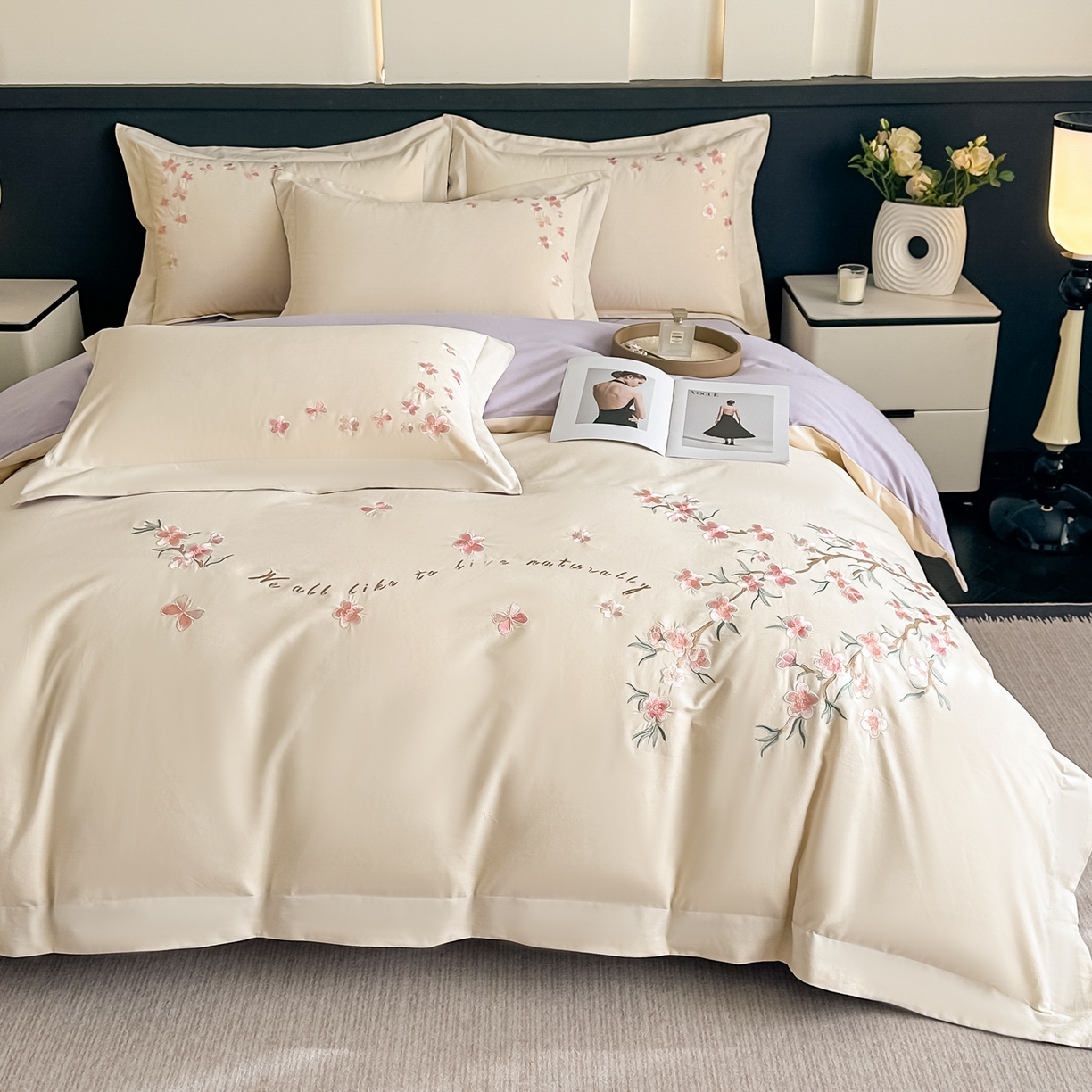 91家纺网 家纺一手货源 找家纺 桃园 秋冬新款纯棉全棉长绒棉磨毛不掉毛高端礼盒四件套-繁花似锦（包含买家秀） 繁花似锦-白紫