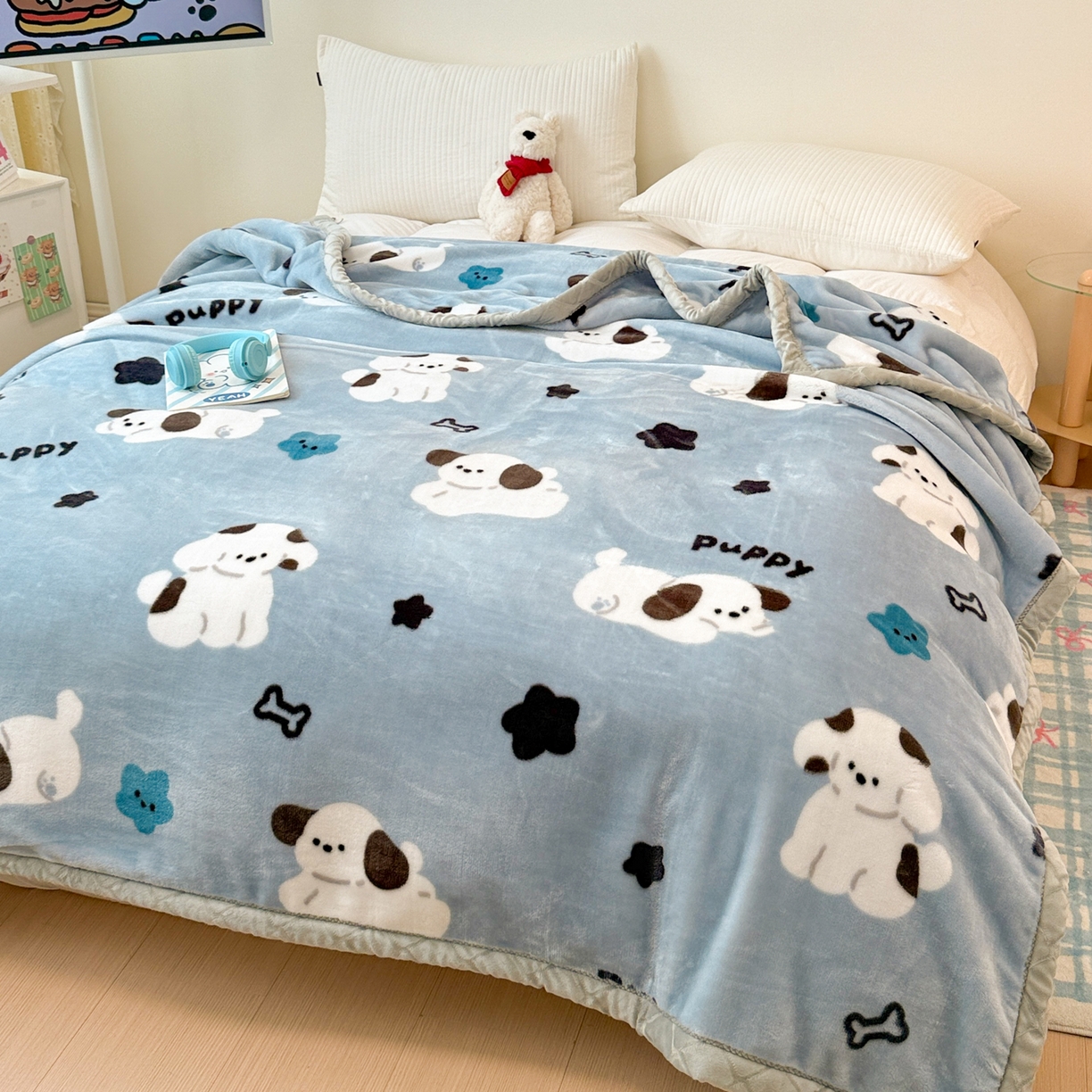 91家纺网 家纺一手货源 找家纺 丹兰 2025新款大版拉舍尔毛毯 新版 75#蓝色波比