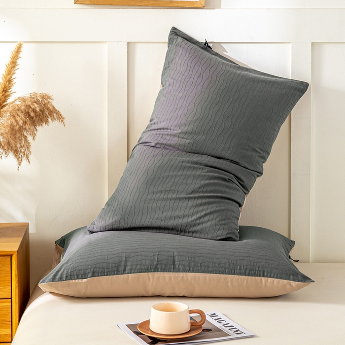 91家纺网 家纺一手货源 找家纺 恋人优选 2025新款全棉纯棉色织提花枕套 波纹纱-山屿灰