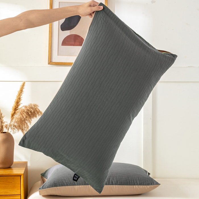 91家纺网 家纺一手货源 找家纺 恋人优选 2025新款全棉纯棉色织提花枕套 波纹纱-山屿灰