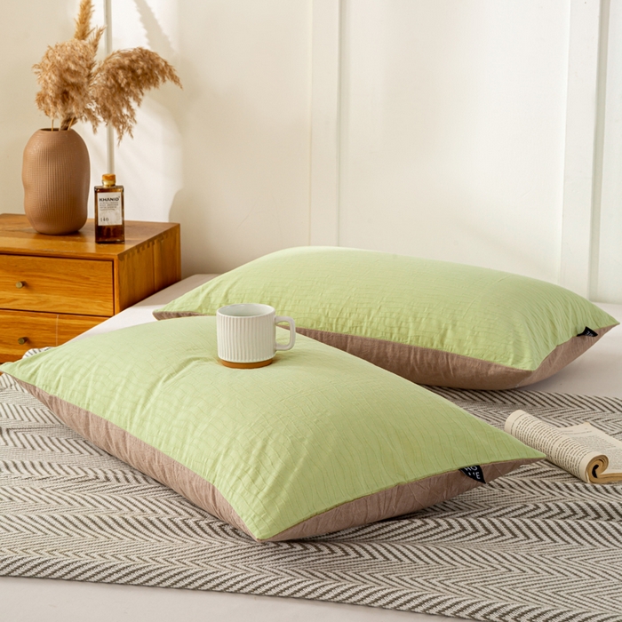 91家纺网 家纺一手货源 找家纺 恋人优选 2025新款全棉纯棉色织提花枕套 波纹纱-心漾绿