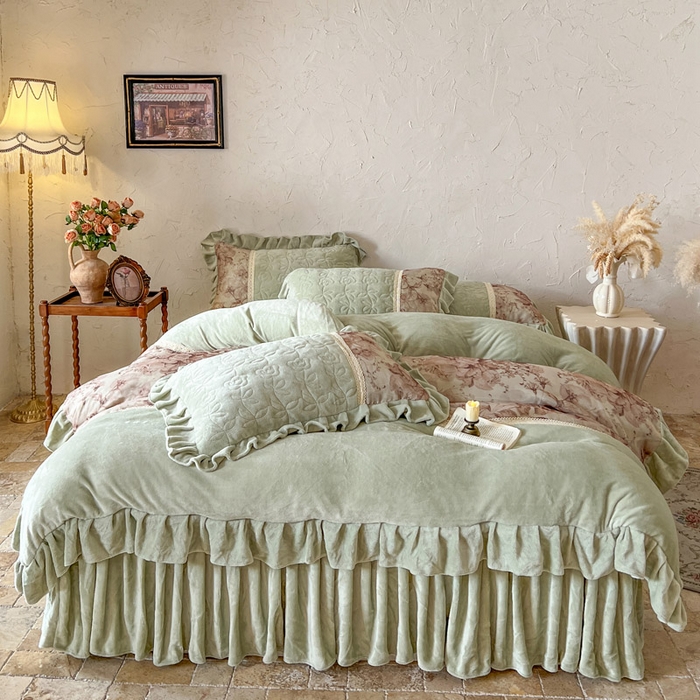 瑞宝 2025新款全消光牛奶绒夹棉款床裙四件套-伊莲娜 伊莲娜-松石绿