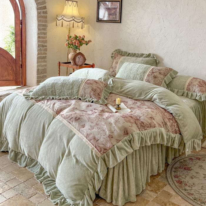 91家纺网 家纺一手货源 找家纺 瑞宝 2025新款全消光牛奶绒夹棉款床裙四件套-伊莲娜 伊莲娜-松石绿