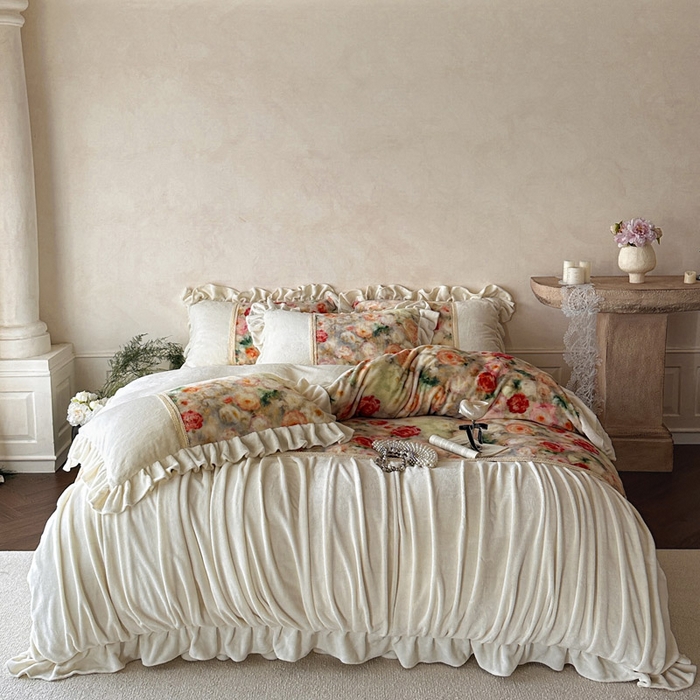 91家纺网 家纺一手货源 找家纺 （总）瑞宝 2025新款全消光牛奶绒床裙四件套-花期如梦