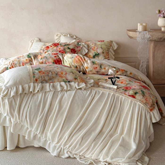 91家纺网 家纺一手货源 找家纺 （总）瑞宝 2025新款全消光牛奶绒床裙四件套-花期如梦