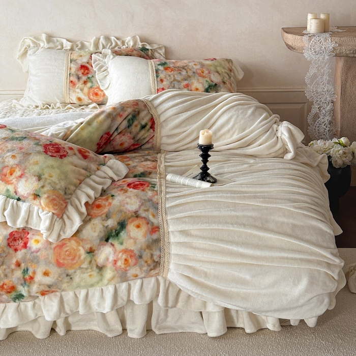 91家纺网 家纺一手货源 找家纺 （总）瑞宝 2025新款全消光牛奶绒床裙四件套-花期如梦