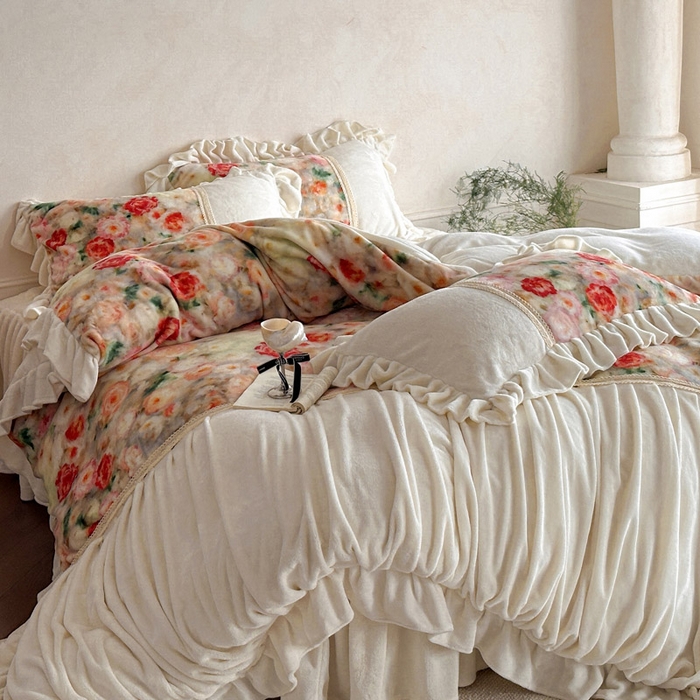 91家纺网 家纺一手货源 找家纺 瑞宝 2025新款全消光牛奶绒床裙四件套-花期如梦 花期如梦-橙