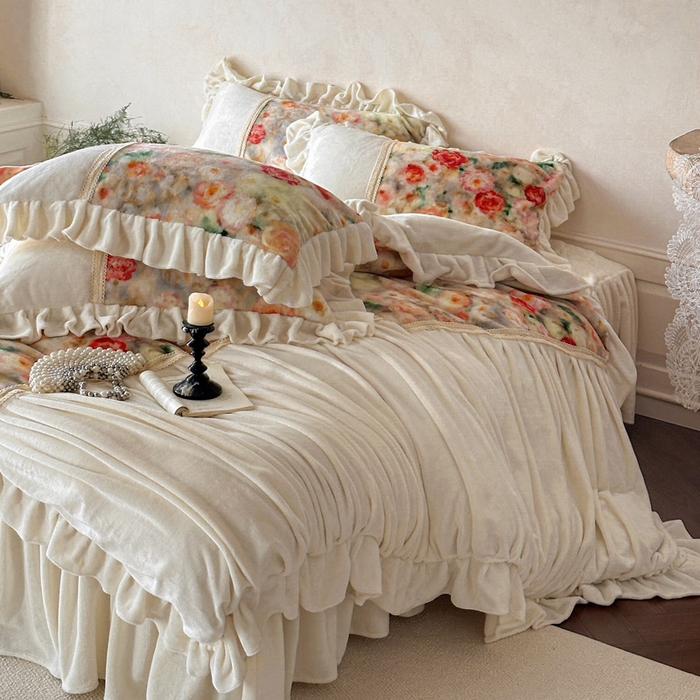 91家纺网 家纺一手货源 找家纺 瑞宝 2025新款全消光牛奶绒床裙四件套-花期如梦 花期如梦-橙