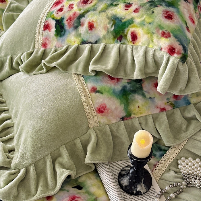 91家纺网 家纺一手货源 找家纺 瑞宝 2025新款全消光牛奶绒床裙四件套-花期如梦 花期如梦-青柠绿