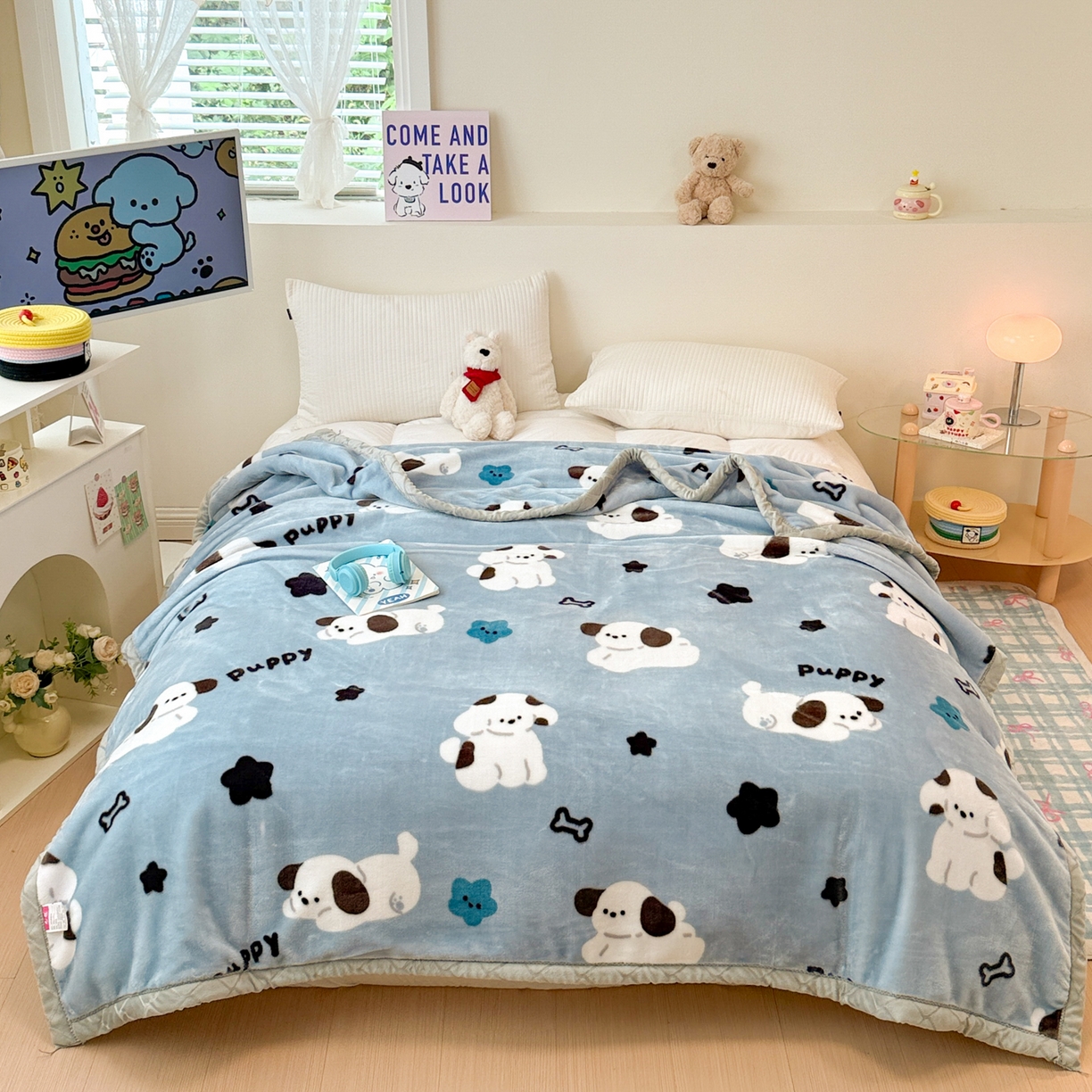 91家纺网 家纺一手货源 找家纺 丹兰 2025新款大版拉舍尔毛毯 新版 75#蓝色波比