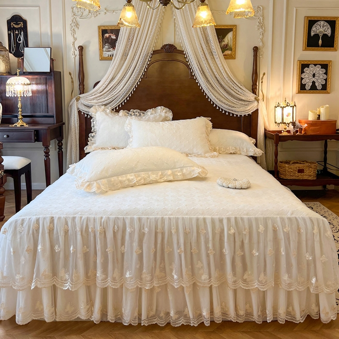 瑞宝 2025新款宝宝绒夹棉床裙三件套-香奢丽影 香奢丽影-奶油白