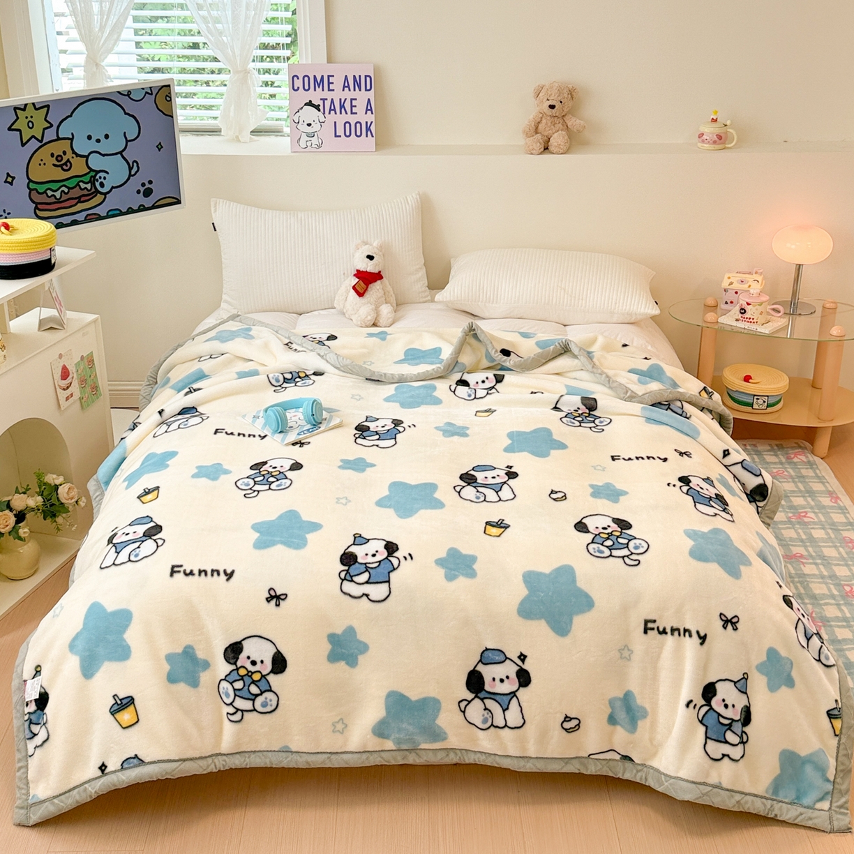 91家纺网 家纺一手货源 找家纺 丹兰 2025新款大版拉舍尔毛毯 新版 77#奶油小狗