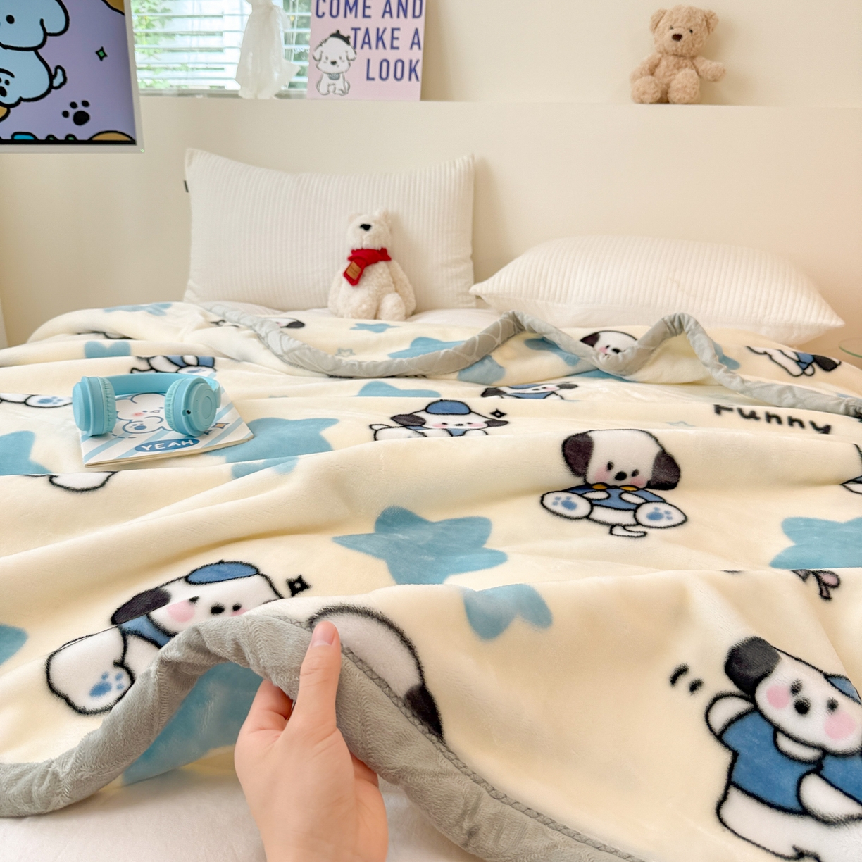 91家纺网 家纺一手货源 找家纺 丹兰 2025新款大版拉舍尔毛毯 新版 77#奶油小狗