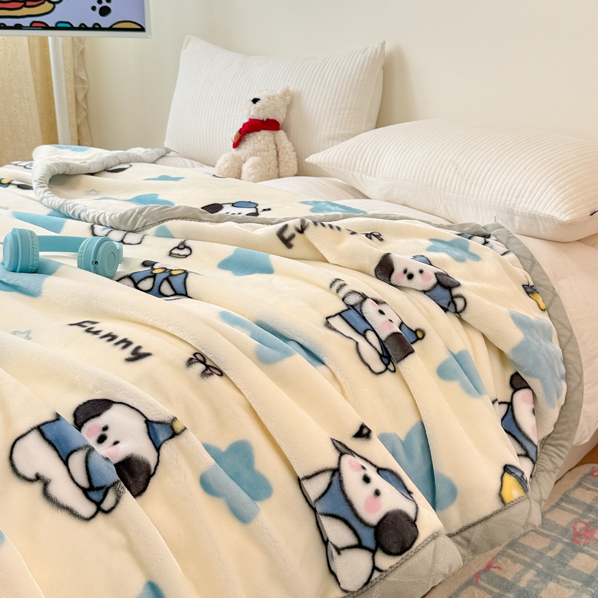 91家纺网 家纺一手货源 找家纺 丹兰 2025新款大版拉舍尔毛毯 新版 77#奶油小狗